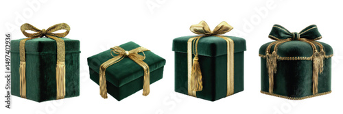 Green gift boxes with gold ribbons in various sizes arranged on a white background