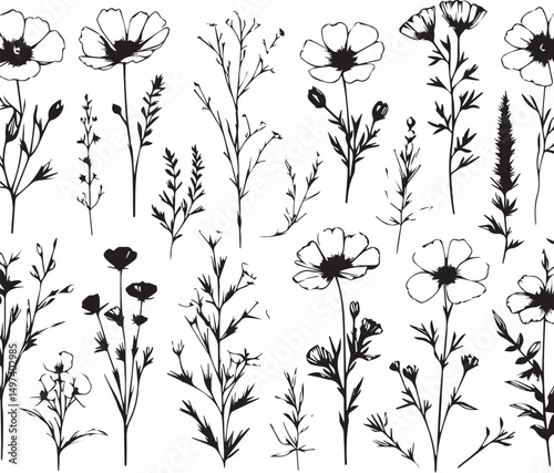 minimal botanical graphic sketch drawing, trendy tiny tattoo design, floral elements vector illustration