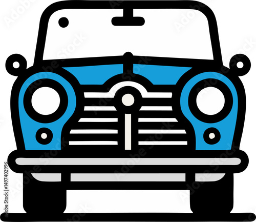Flat vector illustration of a vintage blue classic car viewed from the front. The design features bold outlines, round headlights, chrome bumper details, and a retro aesthetic.