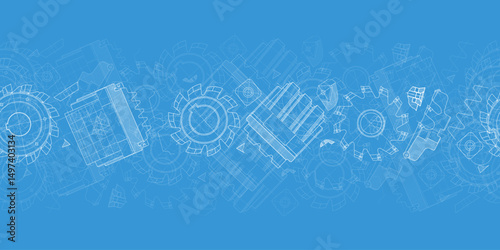 Mechanical engineering drawings on blue background. Cutting tools, milling cutter. Technical Design. Cover. Blueprint. Horizontal seamless pattern. Vector illustration.