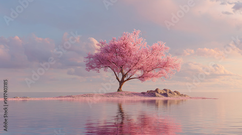 Pink sakura tree with peaceful reflection