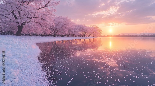 Wide angle shot of cherry blossom grove pastel colored petals softly falling lakes surface sharp reflections calm water sunrise polarizing filter crisp contrast between sky and water no humans no text