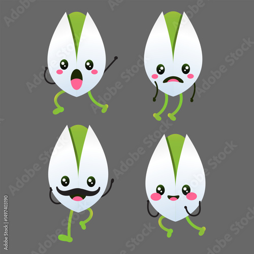 Cute Kawaii Pistachios Illustration - Set of Dancing, Sad, and Shy Cartoon Nuts. Healthy Snack Characters.
