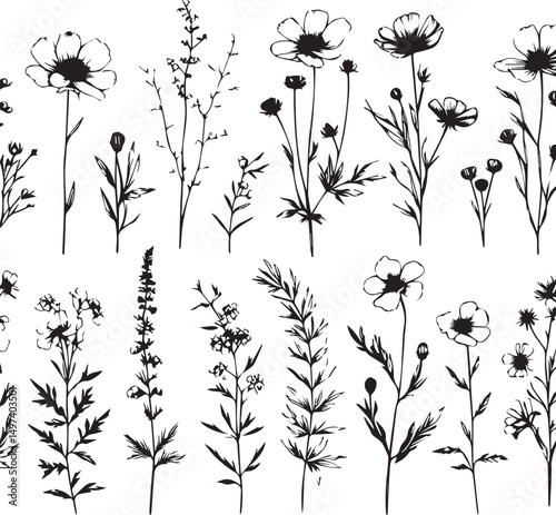 minimal botanical graphic sketch drawing, trendy tiny tattoo design, floral elements vector illustration
