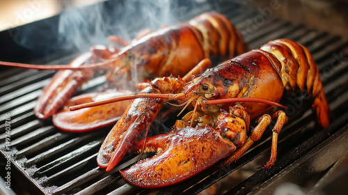 Lobsters cooking over open flame grill