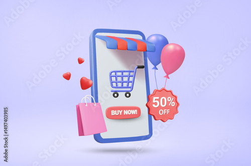 3D Illustration Vector Render of Mobile Online Shopping Showing Store, Shopping Cart, BUY NOW, 50% OFF Sign, Balloon, Bag and Heart. Special Promotion Concept, Discount, Platform, App.