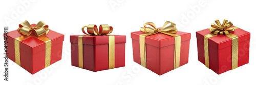 Set of four festive red gift boxes with gold ribbons and bows, perfect for holidays and celebrations