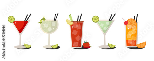 Retro summer cocktails set. Hand drawn alcohol beverages with lemon, mint, and berries for party design. Beverages set isolated on a white background