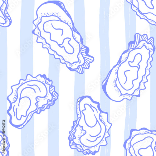 La dolce vita themed seamless pattern with Oysters. Seashells print with hand drawn blue contour on striped background. Blue hand-drawn vector inspired by Summer Italian aesthetic.