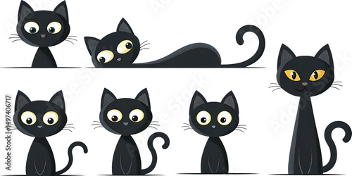 Adorable black cats collection isolated on a white background png