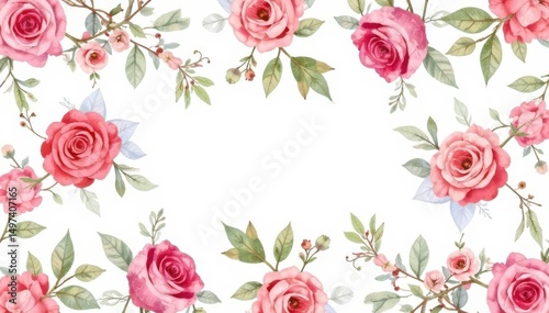 Delicate watercolor roses & leaves, repeating floral design, nature, leaves