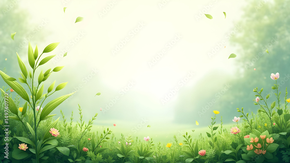 Obraz premium An idyllic illustration of a serene green meadow with vibrant wildflowers, lush foliage, and floating leaves, creating a tranquil natural backdrop.