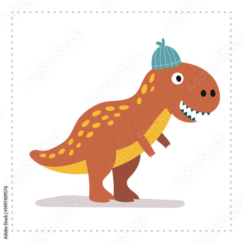 Cute cartoon dinosaur wearing a beanie hat. Perfect for kids' books, posters, greeting cards,Fun and colorful illustration for children’s designs, birthday invitations, wall art, and playful merchandi