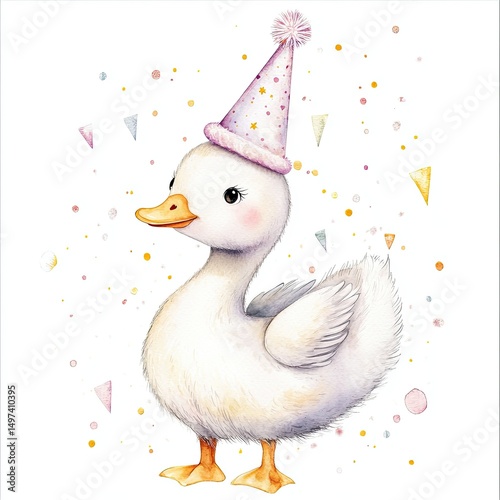 Adorable Watercolor Duckling in Party Hat Celebrates with Confetti