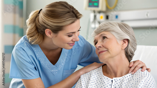 A nurse comforting a worried patient.

