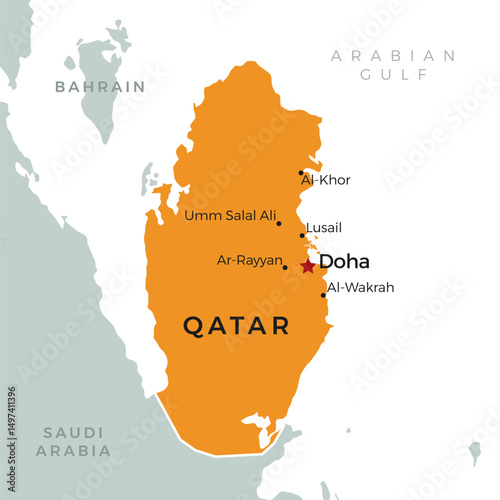 Detailed Vector Map Illustration of Qatar with Neighboring Country and Border