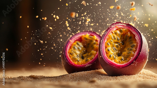 Wallpaper Mural Close-up of a passion fruit cut in half on sand, with particles flying around, food photography, blurred background. Torontodigital.ca