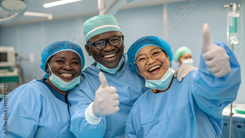 Multi-ethnic team of doctors and nurses smiling together.

