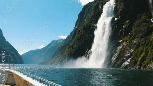 Video shot of Milford Sound waterfall on a beautiful sunny day, cascading water over lush green cliffs in New Zealand fjord landscape,  video download