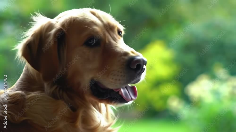 Golden retriever looking out window at green natural background