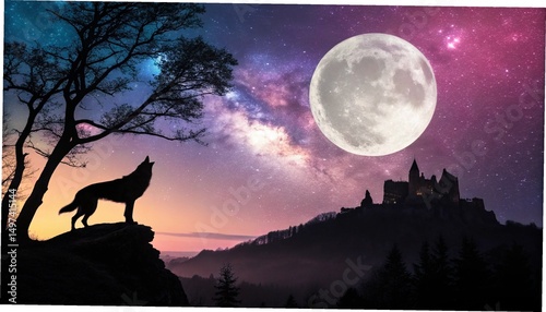 Howling Wolf Under Full Moon with Castle in Background