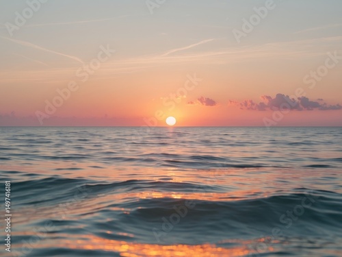 Serene Sunset Over the Ocean Reflective Waves and Warm Pastel Colors Filling the Sky