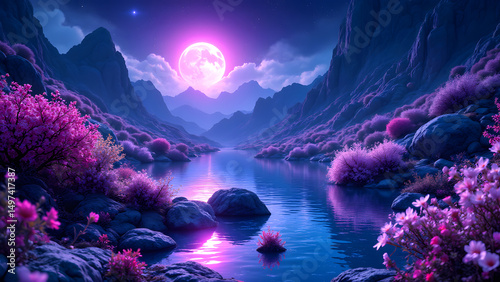 Pink Moon over Serene Valley: A surreal landscape featuring a vibrant pink moon illuminating a tranquil valley with a serene lake, surrounded by blooming pink trees and majestic mountains. 