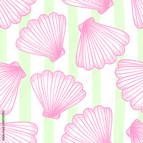 La dolce vita themed seamless pattern with Seashells. The Scallop print with hand drawn pink contour on green and white striped background. Hand-drawn vector inspired by Summer Italian aesthetic.
