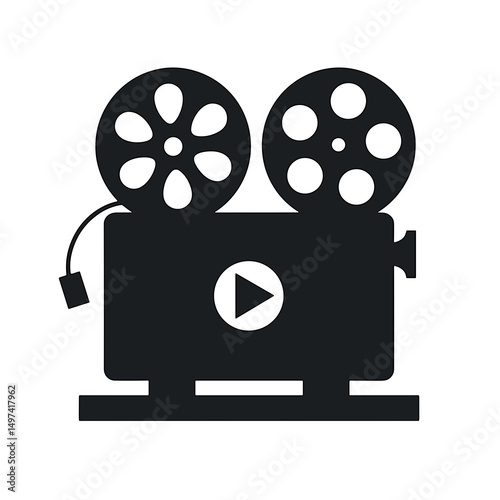 Vintage film projector silhouette with reels and playback button  