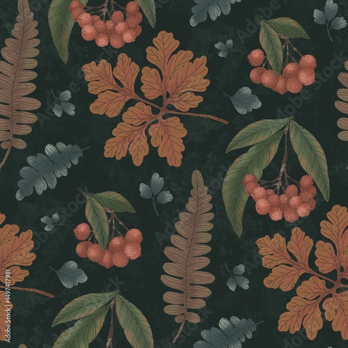 charming botanical repeat pattern, showcasing a variety of leaves in warm, muted colors. Ideal for fabric prints, stationery, home decor, and digital designs craving an organic feel