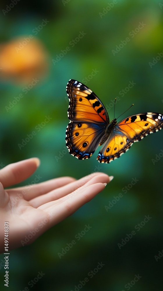 Fototapeta premium A graceful butterfly with vibrant wings delicately lands on a person's hand, symbolizing the beauty of nature and the connection between humans and wildlife in harmony.