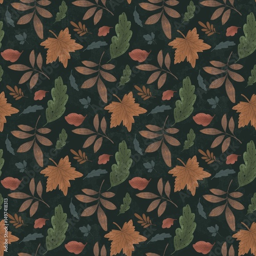 charming botanical repeat pattern, showcasing a variety of leaves in warm, muted colors. Ideal for fabric prints, stationery, home decor, and digital designs craving an organic feel