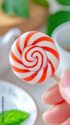 Red-white swirl lollipop held, tea setting background