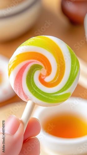 Swirled lollipop held, tea ceremony setting