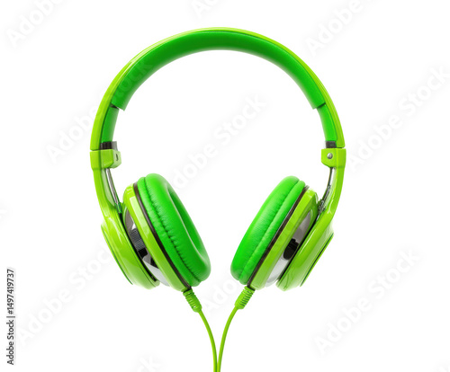 Bright green headphones for music lovers and audiophiles, cut out transparent