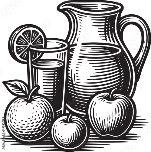juice jar with apples and oranges vector illustration