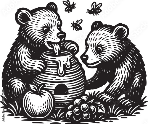 bear cubs eating honey vector illustration