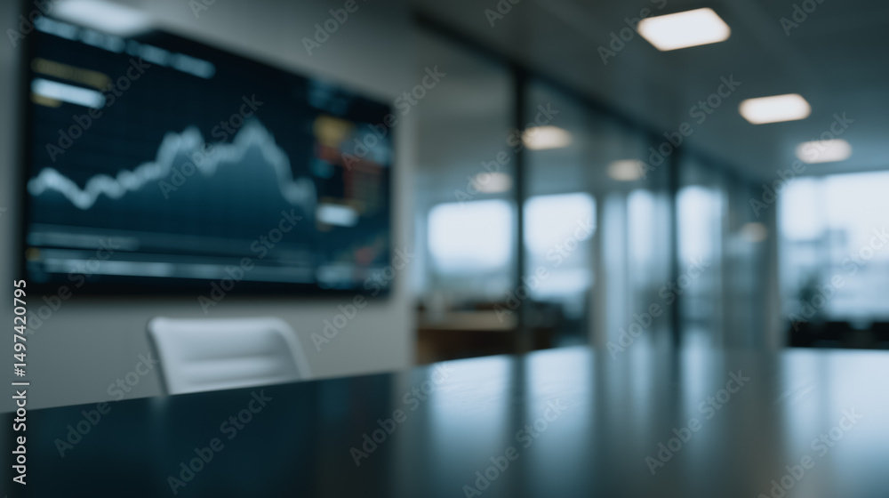 Fototapeta premium Financial data analysis in Meeting Room: An interior shot of a modern conference room features a large screen displaying dynamic financial data, with a long, sleek table and contemporary chairs. 