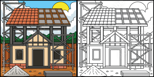House Construction Site Coloring Page Illustration