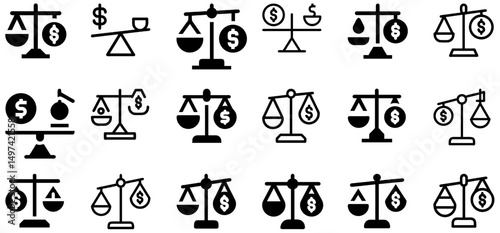 Debt Scale Icon Set – Balance Scale Showing Debt vs. Equity, Finance Vector: perfect for illustrating financial management, accounting, corporate finance, and investment analysis topics.