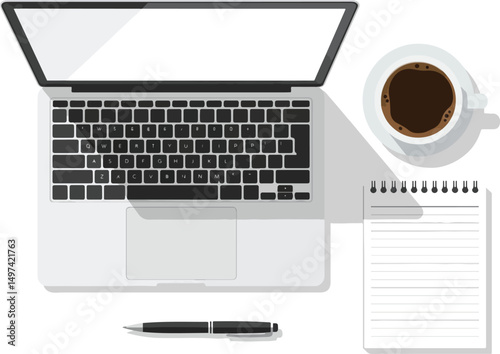 Office Table with Laptop and Appliances Top View Flat. Work from home and business concept vector