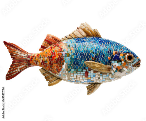 Colorful mosaic fish sculpture for decorative purposes, cut out transparent
