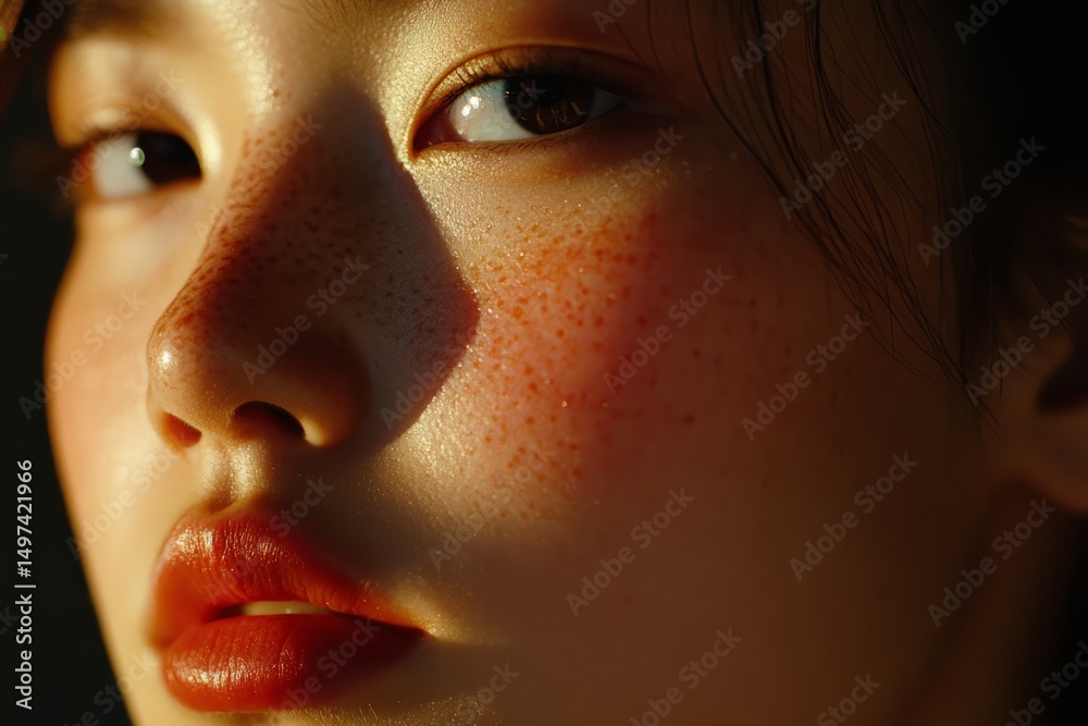 Naklejka premium Close-up of young asian female with freckles in warm light