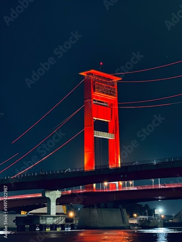 A captivating night view of the illuminated Ampera Bridge in Palembang, Indonesia. The vibrant red lighting highlights its towering structure and suspension cables, reflecting beautifully on the Musi 