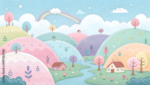 Whimsical and charming illustration of a colorful fairytale landscape with rolling hills houses and rainbow in the sky.