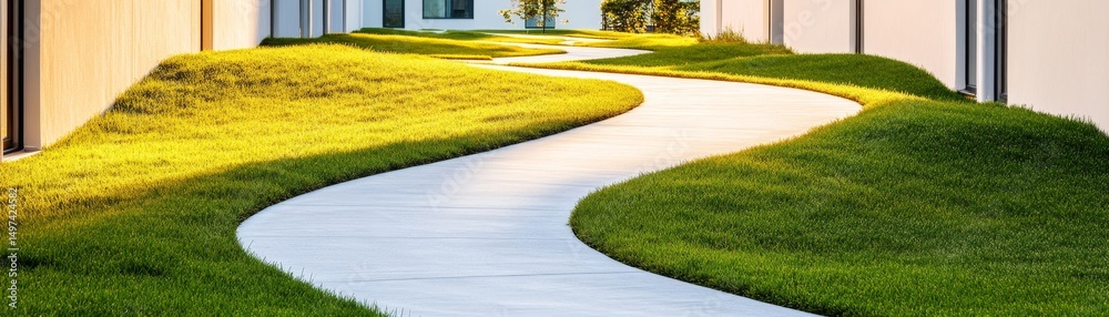 Obraz premium Curved Concrete Path with Lush Green Lawn and Golden Light, landscaping, modern design