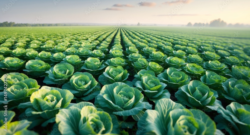 Fototapeta premium Endless Rows of Fresh Cabbage in a Vast Agricultural Field at Sunrise, Serene Scene.