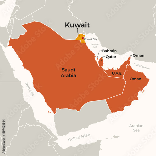 Political Map of Gulf Cooperation Council Countries GCC Vector Illustration, with Kuwait Highlight