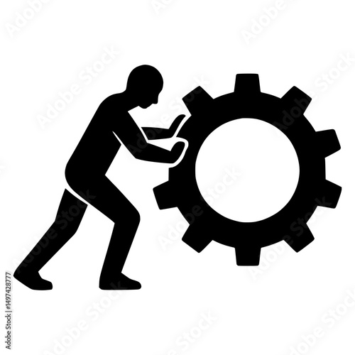 person pushing a large gear, symbolizing business effort, progress, and problem-solving