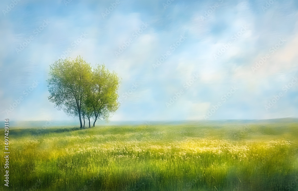 Fototapeta premium Impressionist spring landscape with blurred green grass meadow trees blue sky sunny day